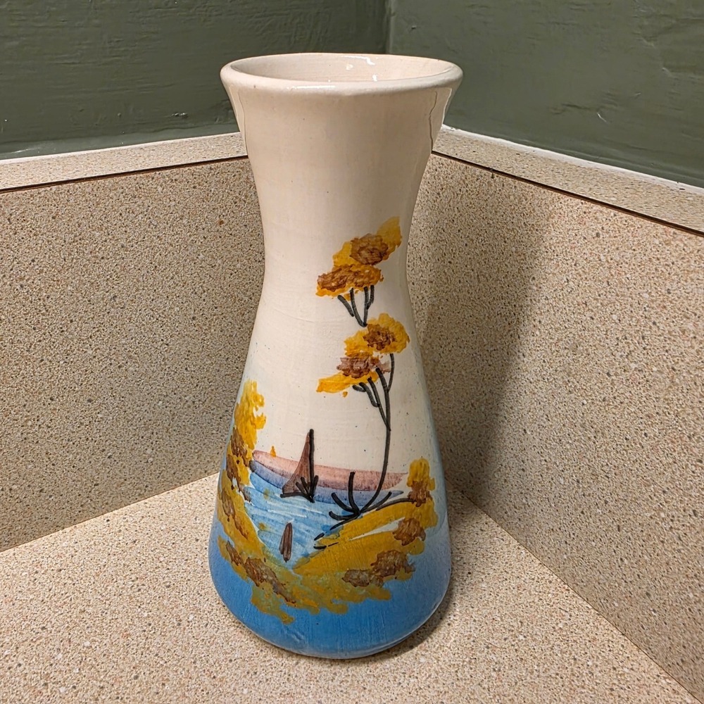 Miniature Pottery Bud Vase 5" Blue Yellow Italy Hand Painted Coastal Landscape